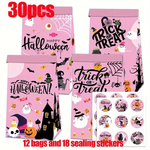30pcs Halloween Candy Snacks, Paper Bags, Cute Funny Sealing Stickers, Decorative Props, Party Supplies, Fun Halloween Treats