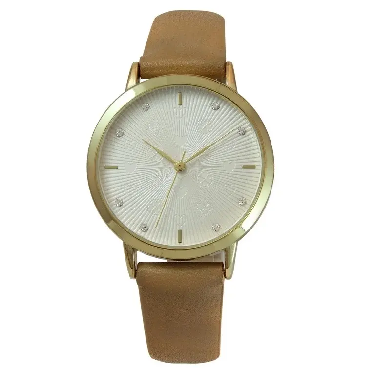 Time & Tru Ladies 34mm Gold Tone Etched Dial Watch with Adjustable Brown Strap & Stainless Steel Caseback