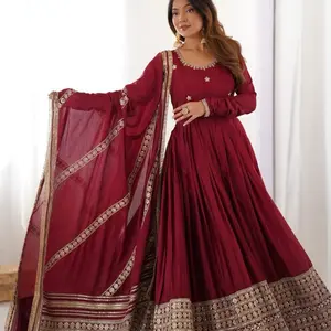 Women wine   Anarkali Gown Set Pants Wedding Party Wear Indian Suit Diwali Karvachauth Celebrations with Gold Embroidery