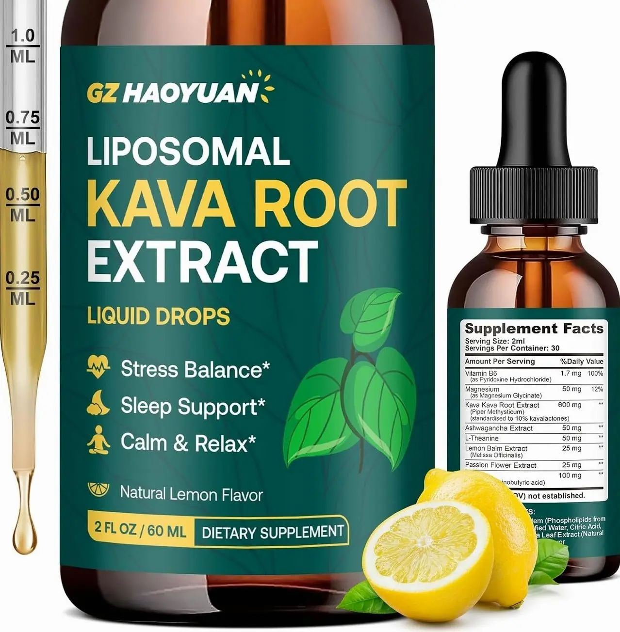 Liposomal Kava Kava Drops for Calming & Relaxation – Kava Root Extract Supplement with GABA, Ashwagandha & Magnesium - Support Mood & Better Sleep, Fast-Absorbing Vegan Kava Liquid Drops Lemon 2 Fl Oz