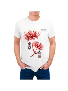 Tokyo Ghoul Spider Lily Anime Graphic T-Shirt for Men & Women - Gothic Japanese Manga Art Washed Black Tee with Red Spider Lily & Kanji Print, Loose Fit Casual Round Neck Short Sleeve Shirt for All-Se
