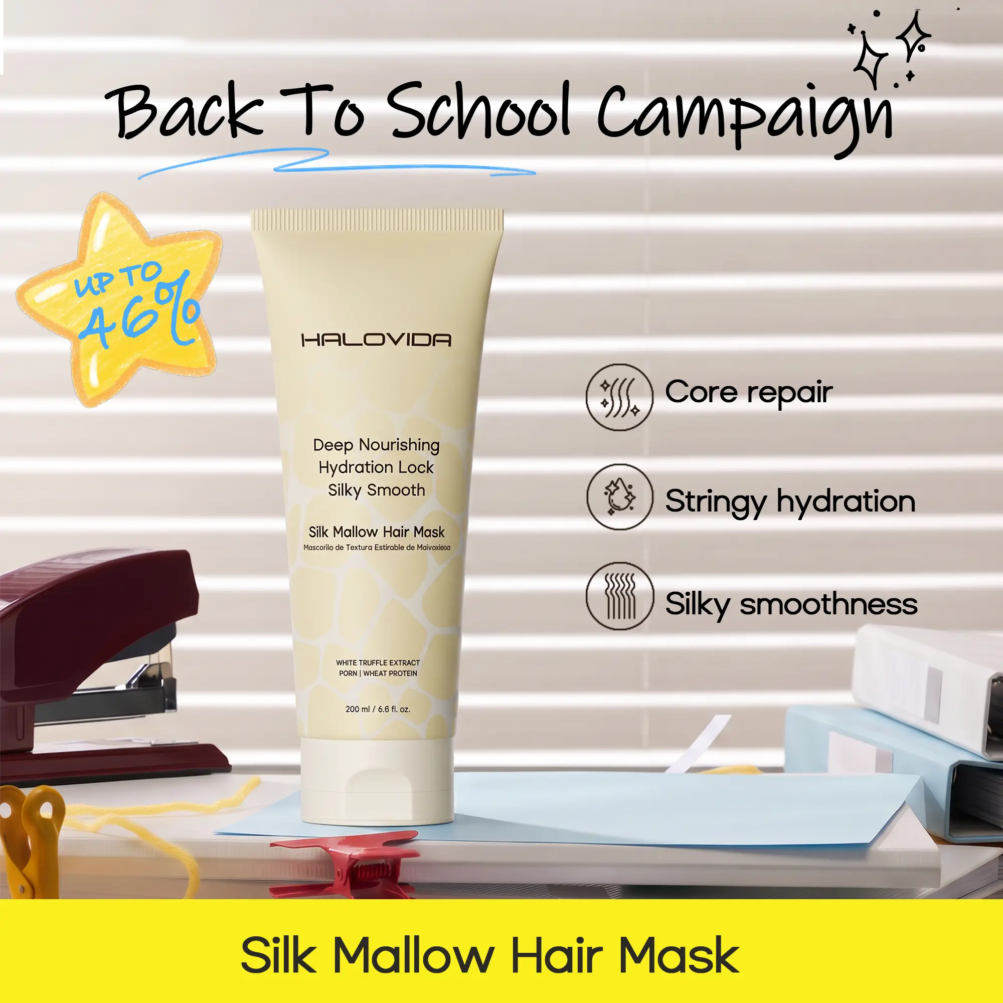 Halovida Silk Mallow Hair Mask for Hydrating and Moisturizing Hair,Strengthens & Maintains Bonds within Hair, Flyaways & Reduce Breakage,Instant Softness & Shine,Gentle,Dry & Damaged Hair Professional Treatment,6.8 fl.oz,#backtoschool