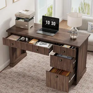 54 Inch Fluted Home Office Desk with Storage – Modern Executive Computer Desk with Charging Station & File Drawers – Wooden Writing Desk for Study & Bedroom