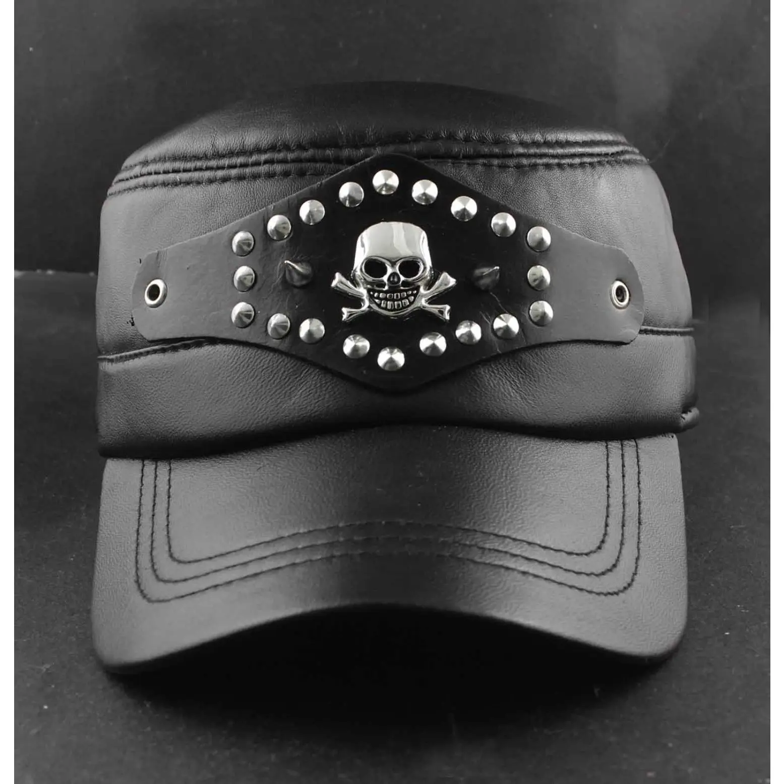 Men Biker Leather Cap Skull Studded Motorcycle Hat Black Adjustable Gift Purse