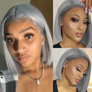 2025 Wholesale Arrivals ArrivalsSilvery Grey Short Bob Human Hair Wig Transparent Lace T Part Lace Wigs for Women 180% Density Straight Bob Cut Wig 13x4x1 Lace Front Human Hair Wigs Pre Plucked Brazilian Remy Human Hair Wig Dress-Up Parties, Lace Front Af