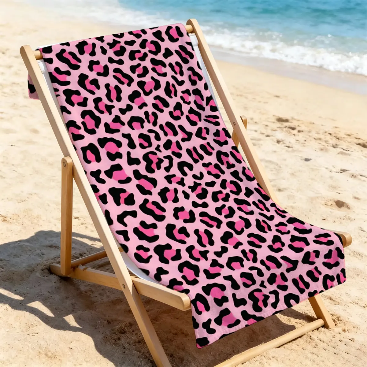 Cute Pink Background Black Leopard Print Beach Towel, Girly Animal Pattern Microfiber Quick Dry Sand Resistant Towel, 3 Sizes 20×40in / 28×55in / 31×71in for Beach Pool Vacation Travel Camping
