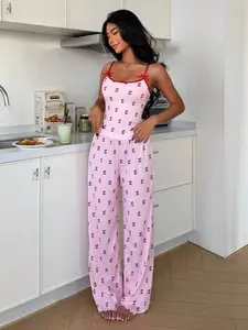 WendyDIY Two Piece Cherry Print Knit Top Bowknot Bottoms Loungewear GRWM Essentials