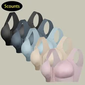 【5PCS】Women's  Contrast Lace Hook & Eye Front Push Up Bra Soft Comfortable Elegant Breathable Wireless Lingerie Top for Daily Wear Basic Minimalist Racerback Bras  Womenswear Everyday  Style Seamless Multi-Color