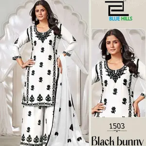 Black and White color size 38 available Designer Kurti Bottom & Dupatta 3pcs Suit Rayon Fabric with Black Thread Work Salwar Kameez for Women