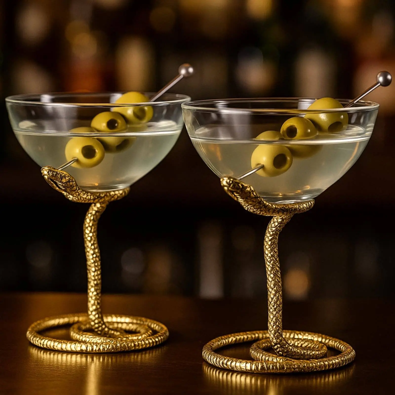 Snake Serpent Cocktail & Martini Glasses - 2 Set Gold Design