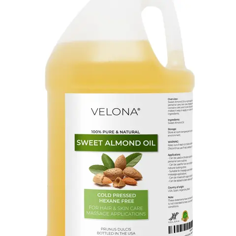 Velona Sweet Almond Oil - 64 Fl Oz, 100% Pure Natural Cold-Pressed Refined Unscented Alcohol-Free Cosmetic Carrier, Silky Anti-Aging Body Care Moisturizer for Skin Health Body Oils, Acne Care & Hair