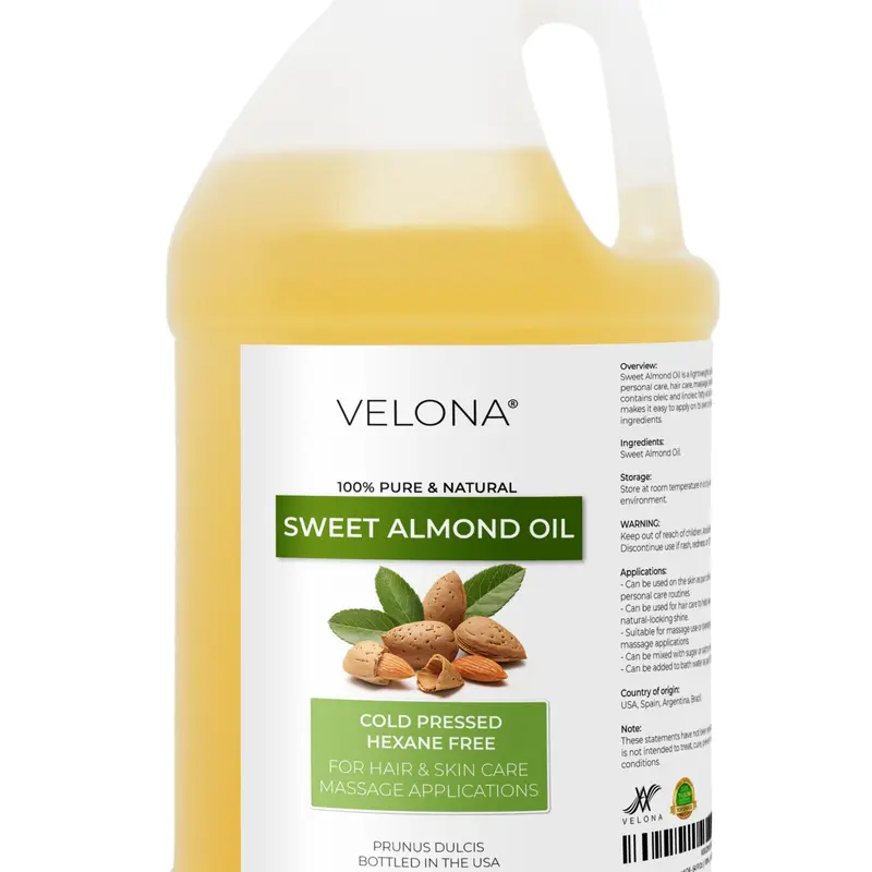 Velona Sweet Almond Oil - 64 Fl Oz, 100% Pure Natural Cold-Pressed Refined Unscented Alcohol-Free Cosmetic Carrier, Silky Anti-Aging Body Care Moisturizer for Skin Health Body Oils, Acne Care & Hair