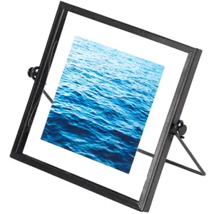 Fabulaxe Modern Metal Floating Tabletop Square Photo Picture Frame with Glass Cover and Easel Stand, Black 4 x 4