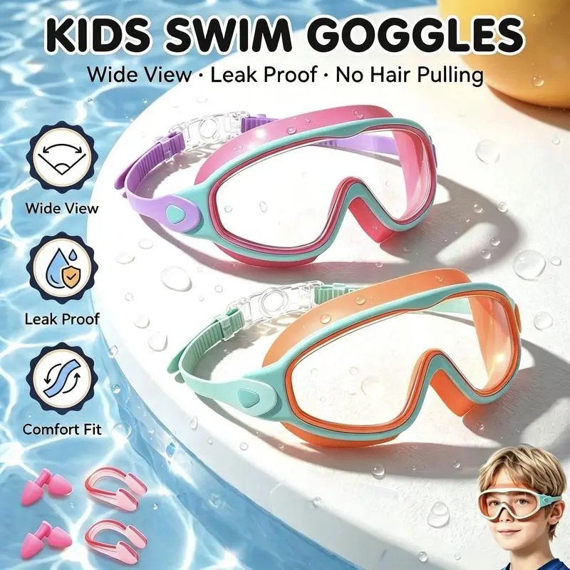 Kids Swimming Goggles, 2-Count Anti-Fog Goggles with Earplugs, Wide-View Design and Comfortable Silicone Material for Boys & Girls, Diving Goggles, Swim Glasses, Water Goggles, Swimming Accessories #GLOBAL PICKS