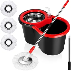 Spin Mop and Bucket with Wringer Set, 360° Spinning Mop Bucket System with 3 Microfiber Mop Replacement Heads and 61" Stainless Steel Adjustable Handle for Floor Cleaning