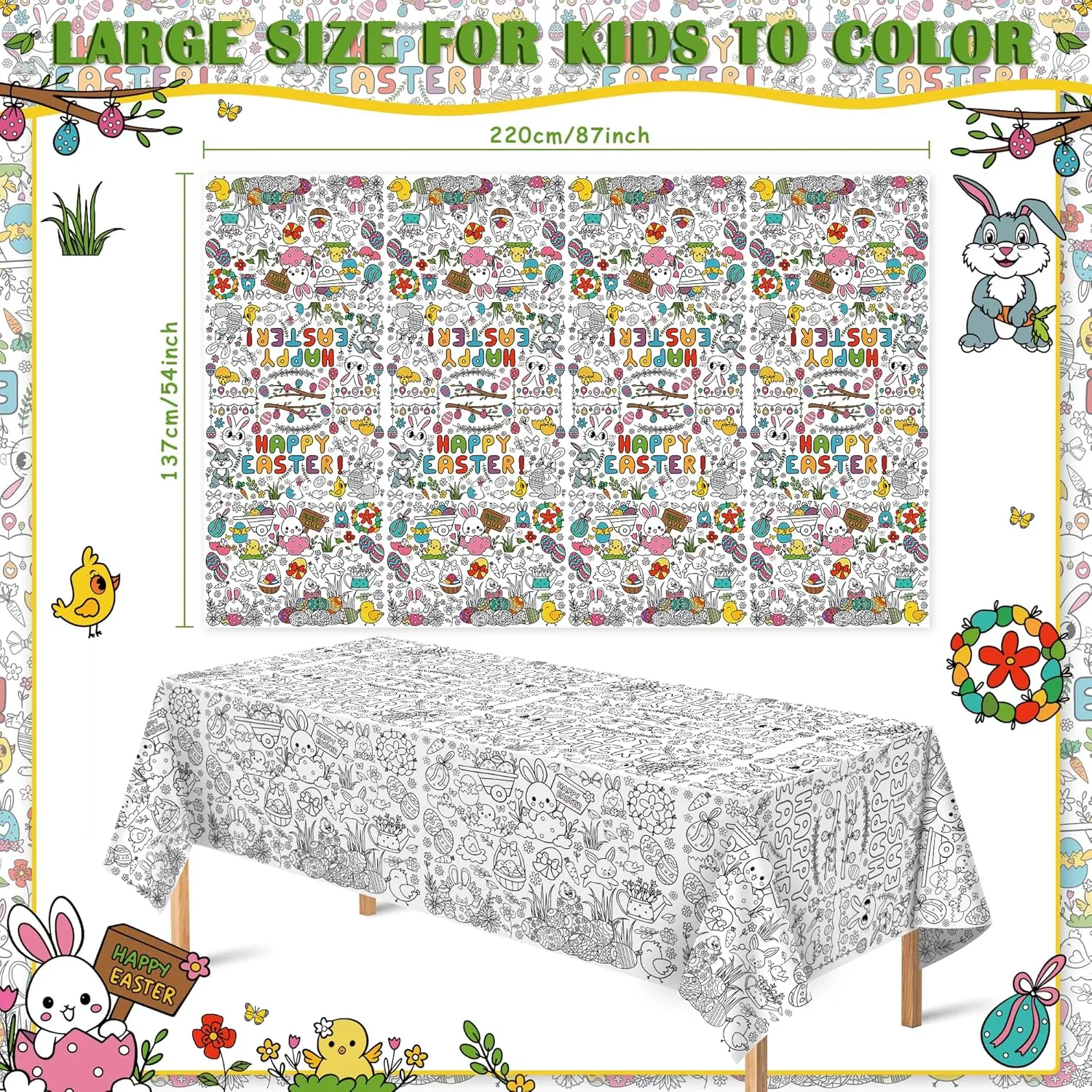 OHOME Easter Coloring Tablecloth - Easter Decorations|   Easter Gifts for Kids - Easter Crafts Decor Games Treats Party Favors Supplies|   Easter Backdrop Banner - Easter Basket Stuffers,54" x 88"