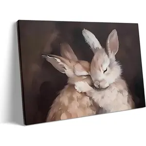 Rustic Easter Bunny Canvas Wall Art, 2 Rabbits Farmhouse Home Decor Print Painting Artwork, Modern Easter Charm Holiday Gift Nursery Living Room Bedroom Decoration