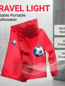 Men’s Soccer Print Packable Windbreaker, Lightweight Hooded Jacket with Football Graphic, Slim-Fitting for Travel & Outdoor Adventures