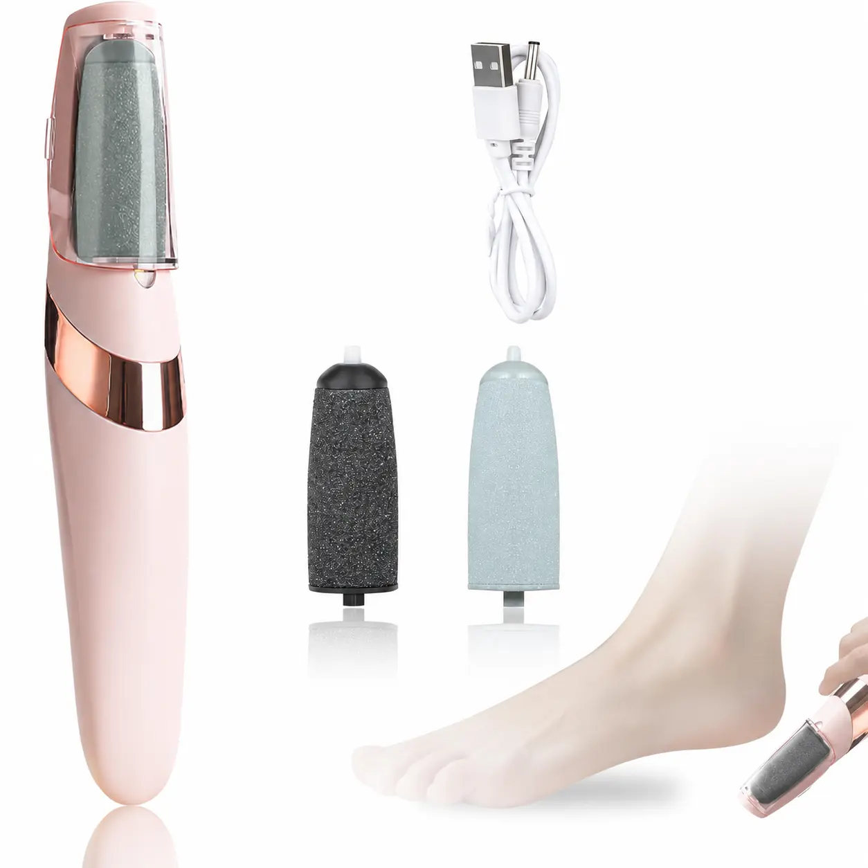 Electric Foot Callus Remover with Replaceable Rollers, Electric Foot File Charger USB Recharge Electric Foot Grinder, Electric Digital Sharpening Stepping Stone Dry Cracked Skin Remover Pink