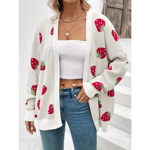 Strawberry Pattern Loose Knitted Sweater Cardigan Spring Wear Match