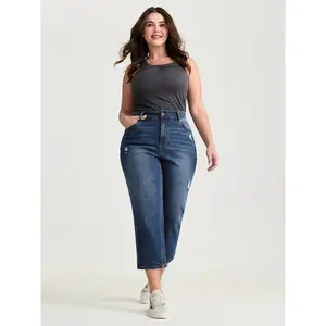 BLOOMCHIC Women's Plus Size Cotton Fabric Bottoms - No-Gap Waist Distressed Cropped Spandex Jeans with Pocket, Perfect Fit [M-6X] 2026 Summer Vibes