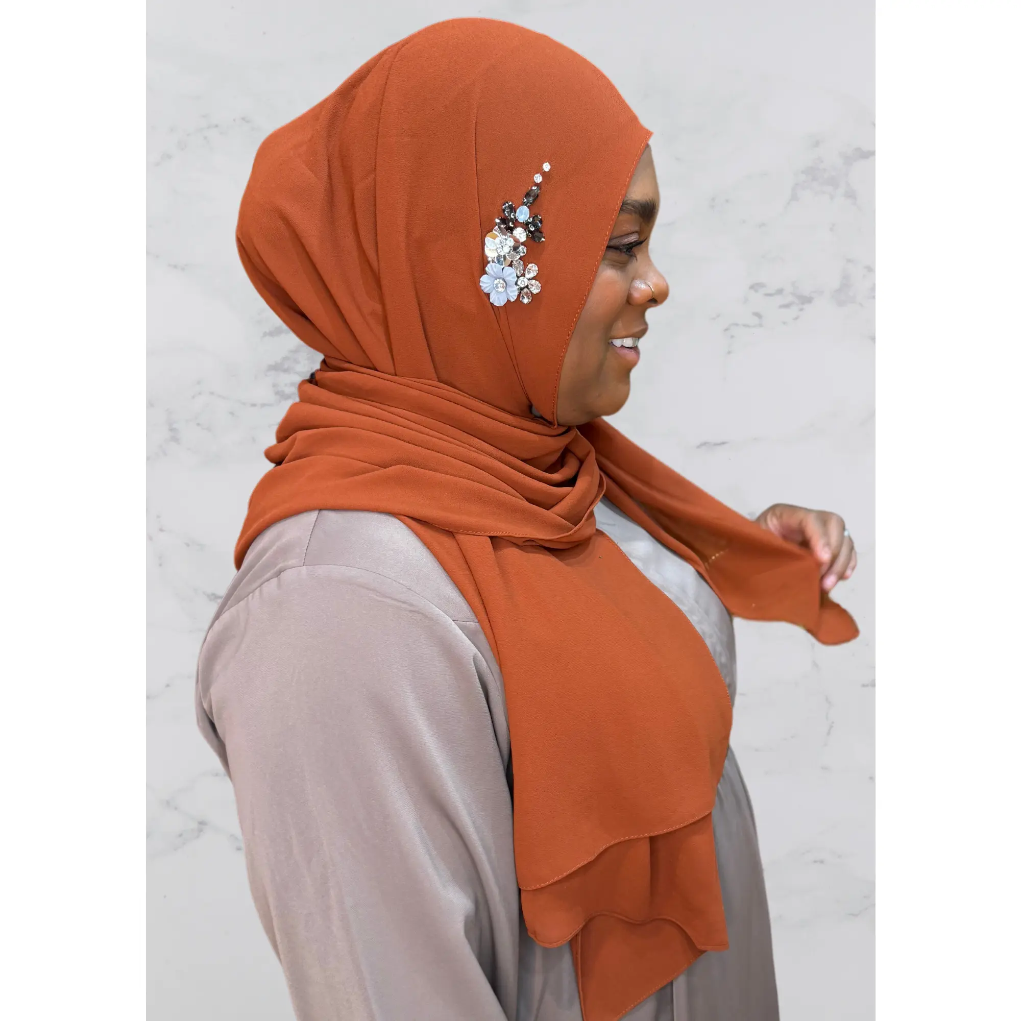 Spice Dragonfly Encrusted Hijab - Orange, Intricate Design, Elegant Style, Comfortable Fit