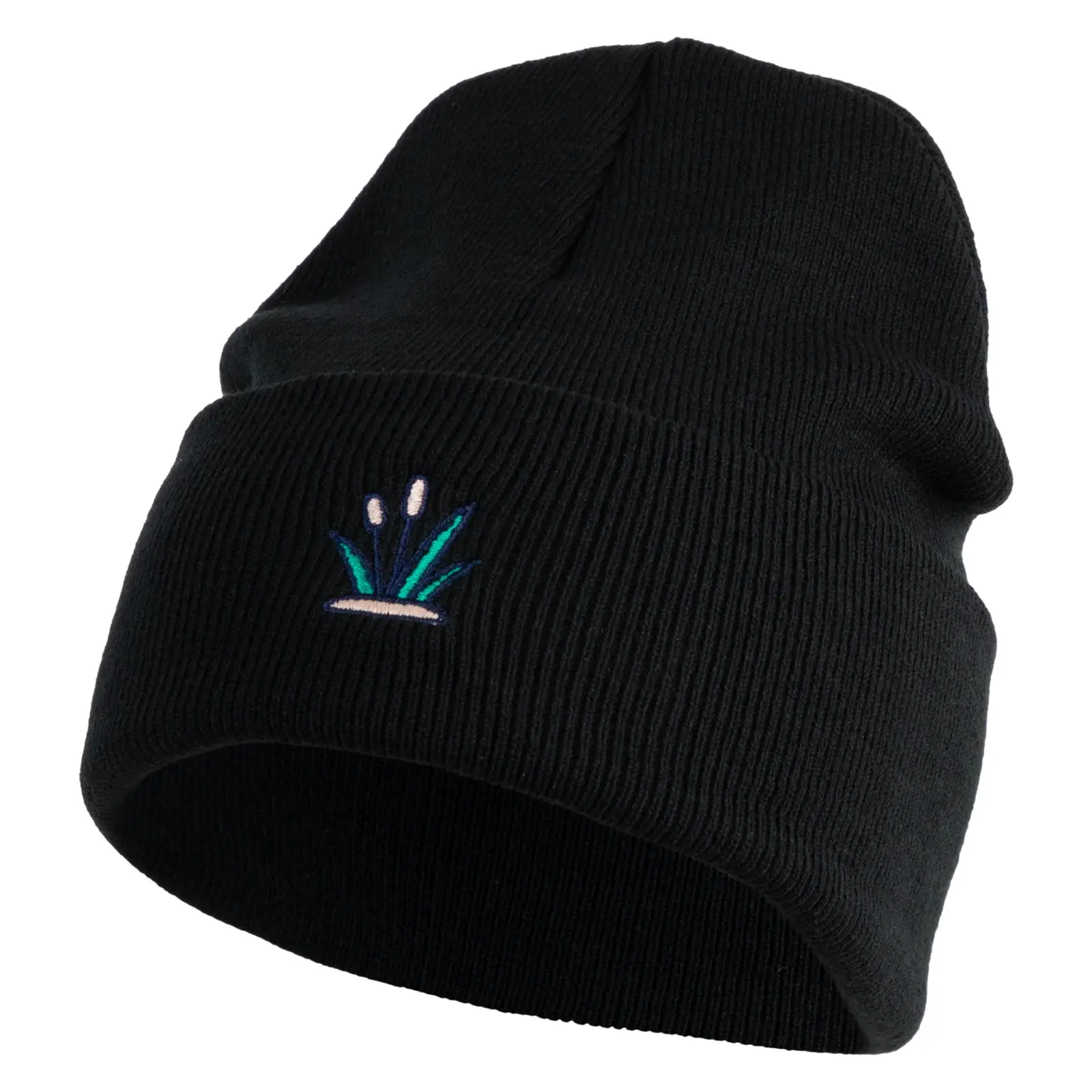 Cattails Embroidered 12 Inch Solid Knit Cuff Long Beanie