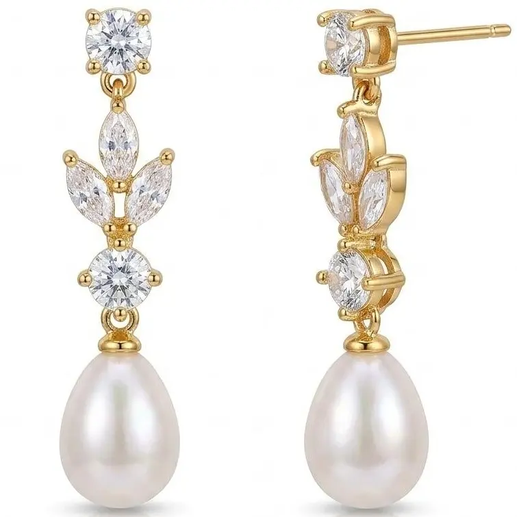 14k Gold Plated Copper Pearl Earrings for Women, Diamond Pearl Drop Earrings, Trendy Bridal Shower Gift and Wedding Jewelry for Her