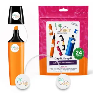 CapKeep 24-Pack Cap Saver - Flexible Adhesive Connectors for Pens, Markers, Cosmetics, Office & School Supplies Set Bottles, Stretchy Lid Keeper