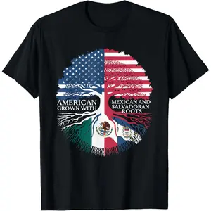 Men's Black Casual Cotton Knit Short-Sleeve Round Neck Menswear T-Shirt - Funny Graphic Streetwear Top with Half Mexican-Half Salvadorian Flag, Breathable Fabric Sports Top
