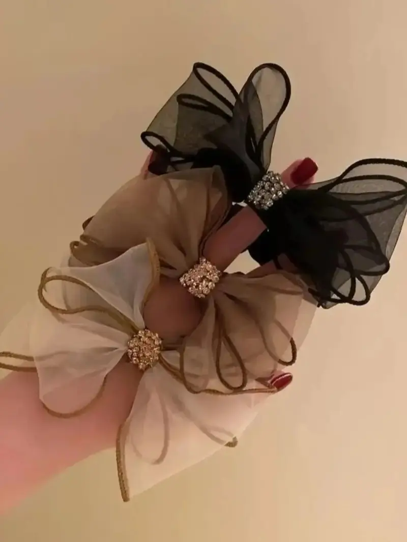 3Pcs Rhinestone Bow Scrunchies Set, Minimalist Temperament Mesh Fabric Hair Ties, Medium Stretch Rhinestone Accents Bow Design, Elegant Fashion Hair Accessories for Women and Girls