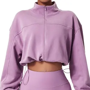 Womens Athletic Running Yoga Gym Stand Collar Zip Up Long Sleeve Drawstring Hem Cropped Jacket