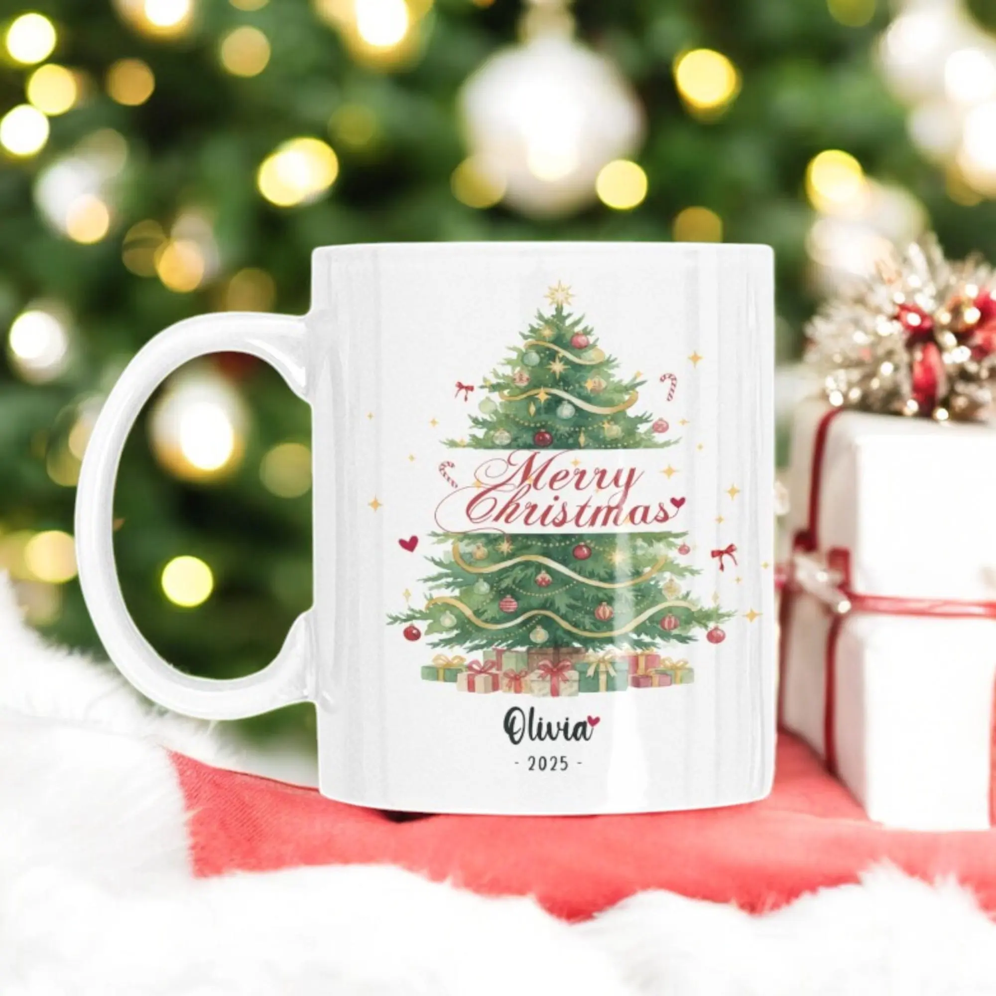 Personalized Christmas Mug Holiday Tree & Merry Christmas, Custom Name Gift 