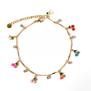 1PC Beach Style Copper Anklet with Colorful Cherry, Starfish & Shell Charms, Gold Tone Summer Foot Jewelry for Women