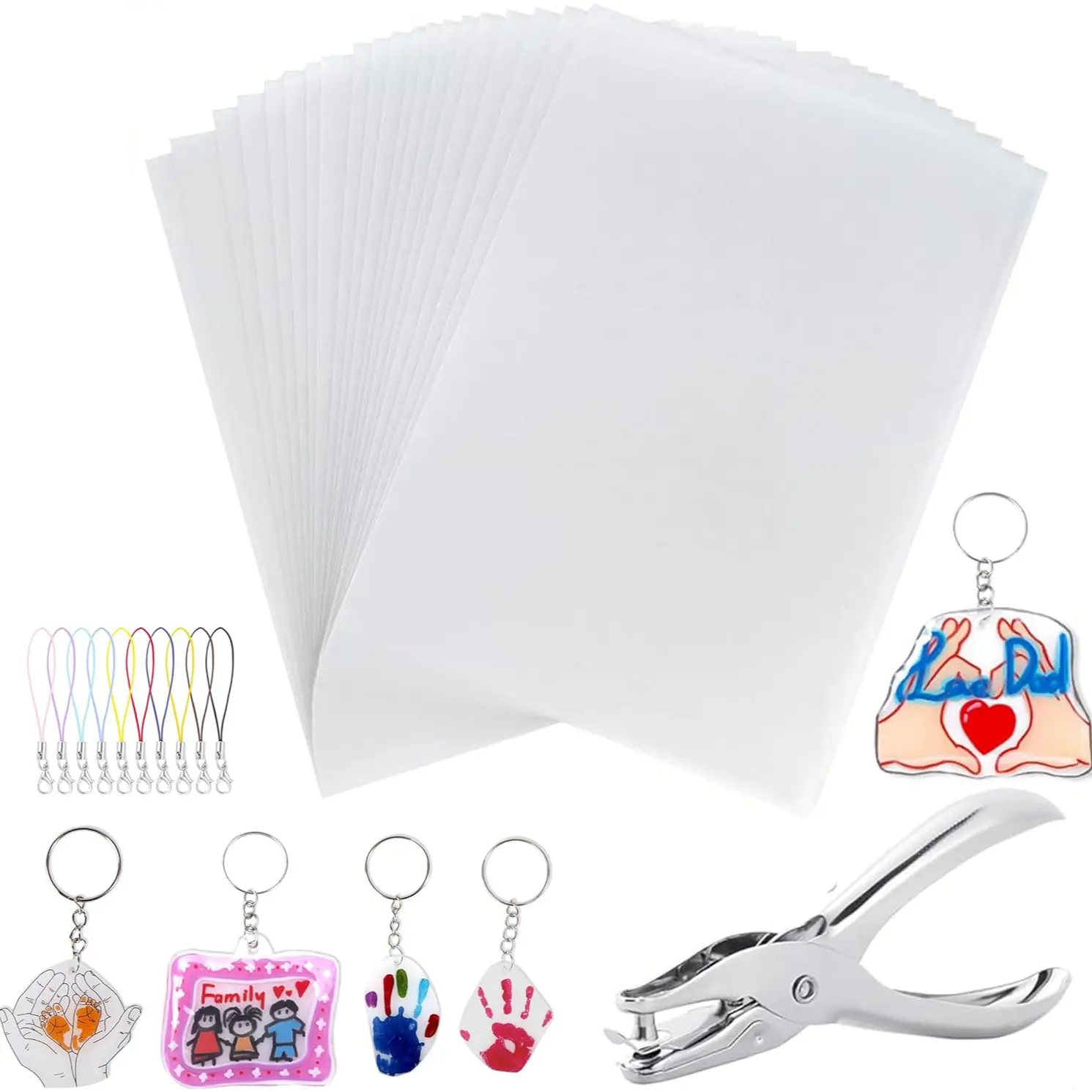Shrink Plastic Kit Includes 10 Sheets Shrink Papers, Hole Punch, Keychain Accessories for Shrinky Art and DIY Keychain Making Easter Mother Day Ornament Keychain Charms Handmade Keychain