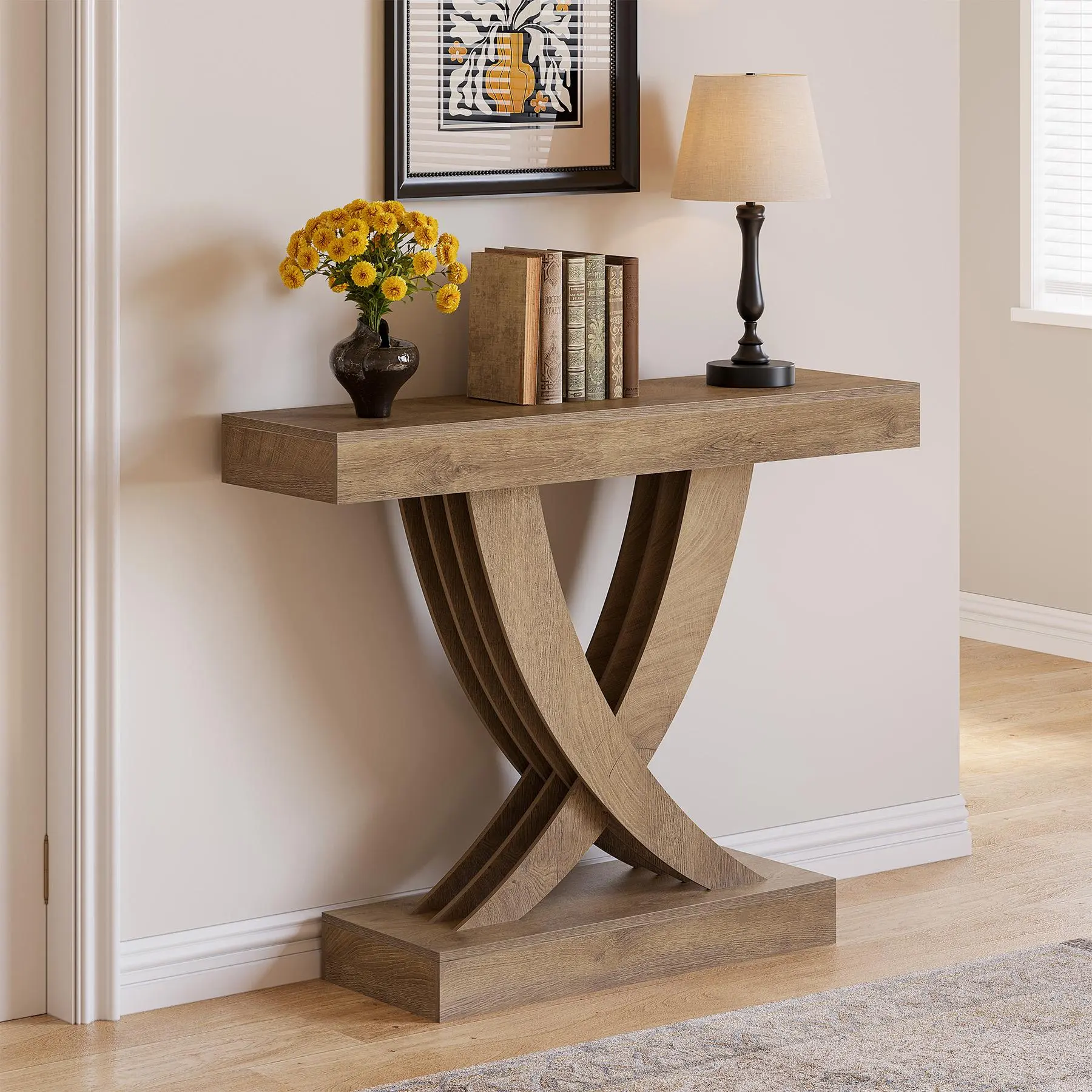 TRIBEWOOD 43.3 Inch Entryway Table, Farmhouse Wooden Console Table Behind The Couch, Rectangular Sofa Table for Entrance, Hallway, Living Room, Foyer, Brown