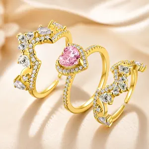 Hipunk Luxury Pink Heart Crown Stacking Ring Set - Princess Cut Cubic Zirconia, Adjustable Open Band, US Sizes 5-10, Perfect Gift for Stylish Ladies, Girly Fashion Costume Jewelry