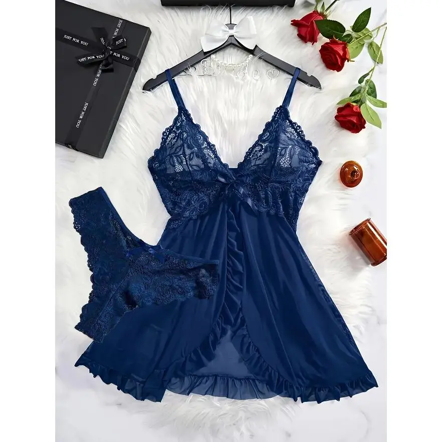 2026 New 3PCS Lady's Floral Lace Halter Cami Nightdress & Panty Lingerie Set, Soft Lightweight Loungewear Nightwear Clothes, Comfy Breathable All-Season Protective Gear for Sports & Outdoor Use, Soft Lightweight Lingerie