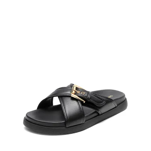 DREAM PAIRS Women's Black PU Strap Sandals - Luxurious Gold Buckle, Soft Bottom, Chic Design for Summer Casual Walking, Comfortable Women's Black Sandals, Soft Bottom Sandals
