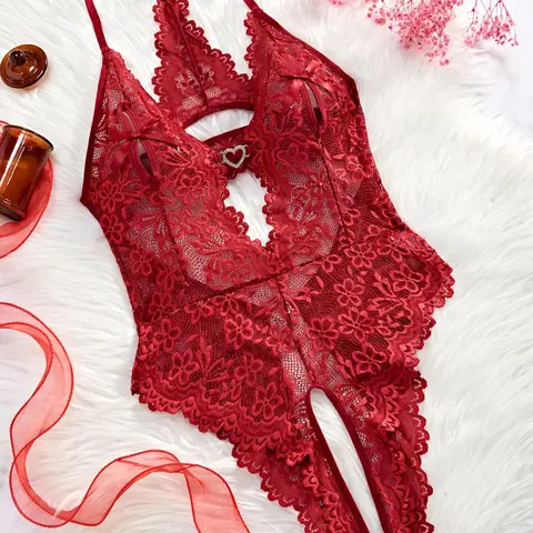 Women's Floral Lace Scallop Trim Cut Out Sheer Crotchless Sexy Costume, Bow Front Rhinestone Heart Decor Sleeveless Lingerie, Ladies Summer Clothes