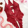 Women's Floral Lace Scallop Trim Cut Out Sheer Crotchless Sexy Costume, Bow Front Rhinestone Heart Decor Sleeveless Lingerie, Ladies Summer Clothes