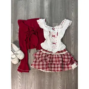 Autumn Sweet Lace Suit Women's Fashion Design Slim Bow Sling Long Sleeve Cardigan Hepburn New Red Plaid Short Skirt 3-piece Set