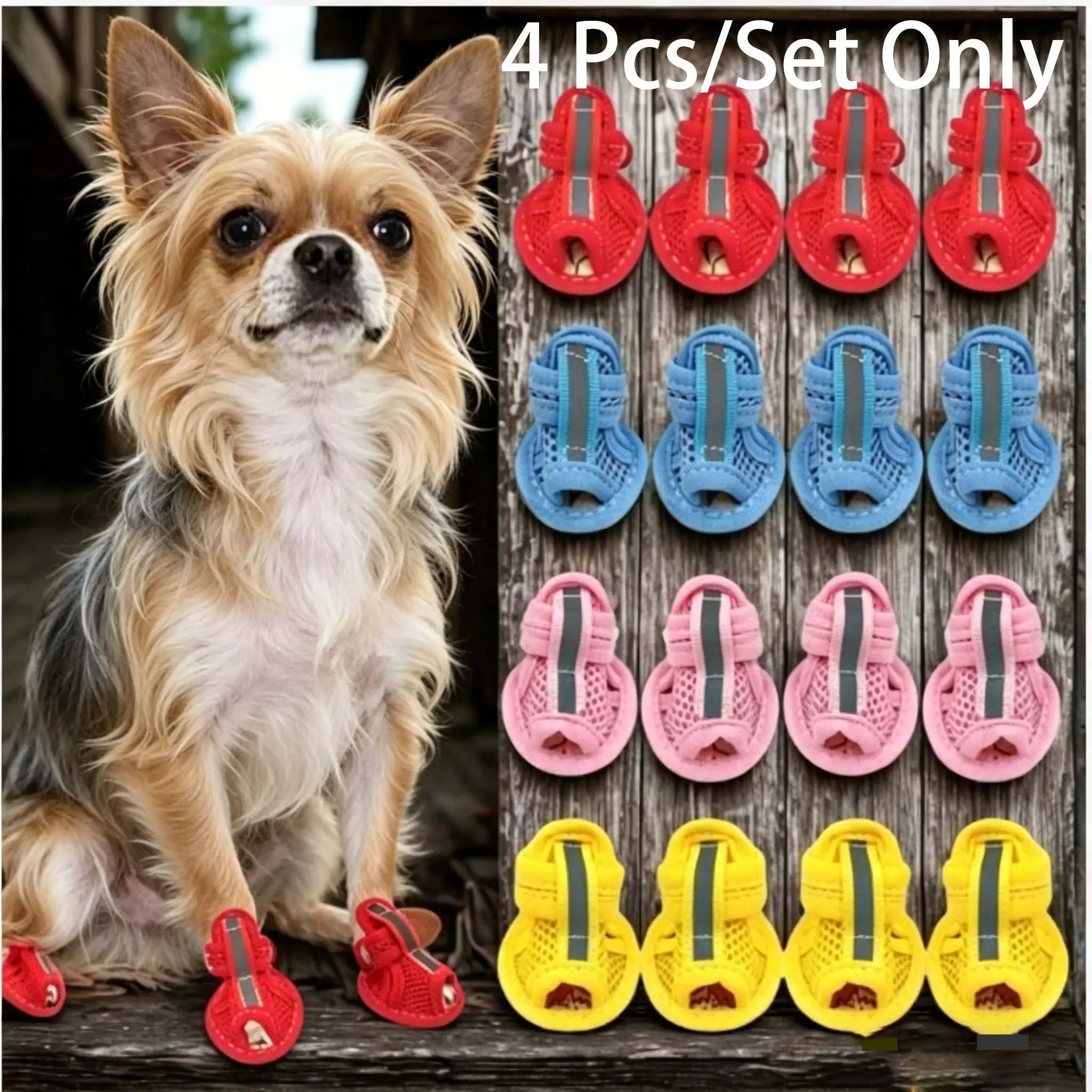 Pet Cooling Dog Slippers 4Pcs/Set, Breathable Mesh Anti-Slip Puppy Sandals, Summer Shoes for Night & Daily Walking