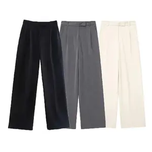 TRAF Women's Elegant Pants 2025 Spring Beige Grey Black Wide Leg Long Pants Fashion Casual Office Loose Trousers For Female