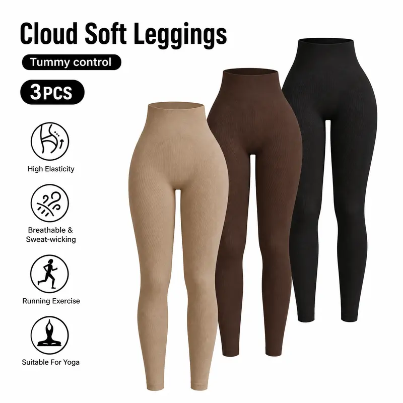 Women’s 3-Pack Ribbed High-Waist Leggings, Full-Length Close-Fit Casual Pants for Daily Wear