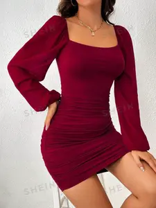 Square Neck Lantern Sleeve Ruched Side Bodycon Dress