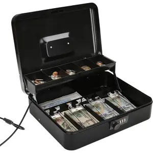 Large Locking Cash Box with Money Tray, Money Box with Combination Lock Cash Safe with Security Cable, Black, SM-CB02302XL