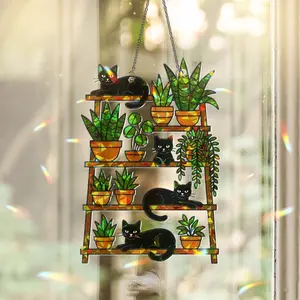 Cat And Plant Suncatcher Holographic Acrylic Window Hanging Cozy Cat Lover Decor Botanical Sun Catcher Gift