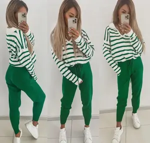 Green& White Stripe Mesh Top and pant Lounge Set