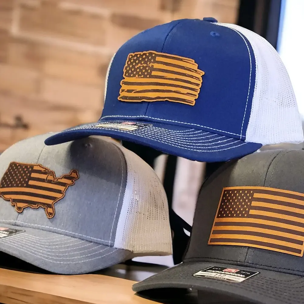 American Flag Hat, USA Trucker Hat with American Flag, Leather Patch Hat, Snapback Richardson 112 Cap